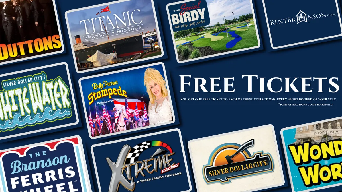 A vibrant interior display showcasing free tickets, attraction logos, and colorful graphics representing Branson’s top entertainment offerings. The energetic mood conveys the excitement of exploring local attractions and creating family memories.